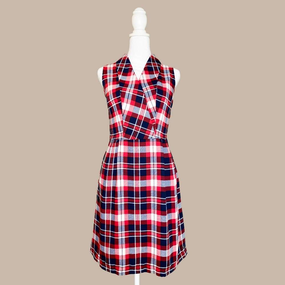 Women Navy & Red Checked A-Line Dress - V-neck Size 6